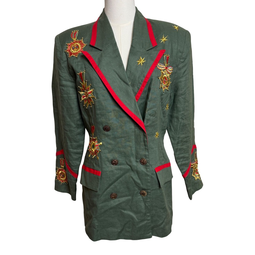 Anne French Vintage Linen Military Blazer Green Red Embroidered Beaded Jacket 10
